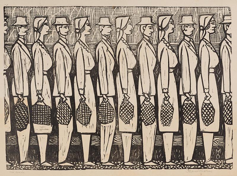 Marcel Olinescu, La coadă, linogravură, hârtie, 30,5 x 42 cm, Nasui Collection